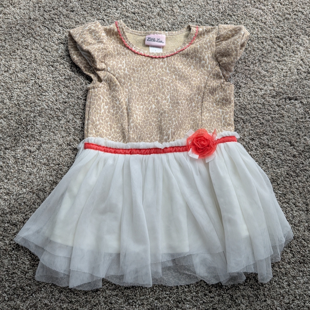 Little Lass Tan and White Animal Print Dress with Gold And Coral Accents